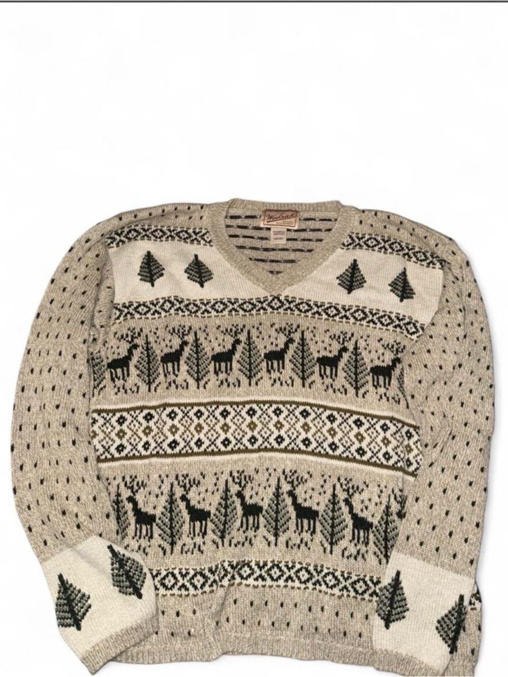 Woolrich Beige Cream and Green Deer V-Neck Sweater